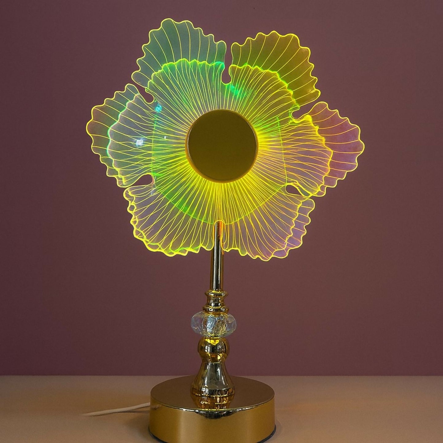 Luxury Crystal Base LED Acrylic Flower Table Lamp with Multicolor 3D Illusion Light, Modern Decorative Bedside Night Lamp for Bedroom, Living Room & Gifting