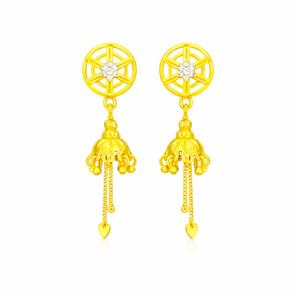 Premium Gold Finish Wheel Style Jhumki with Chain Tassels