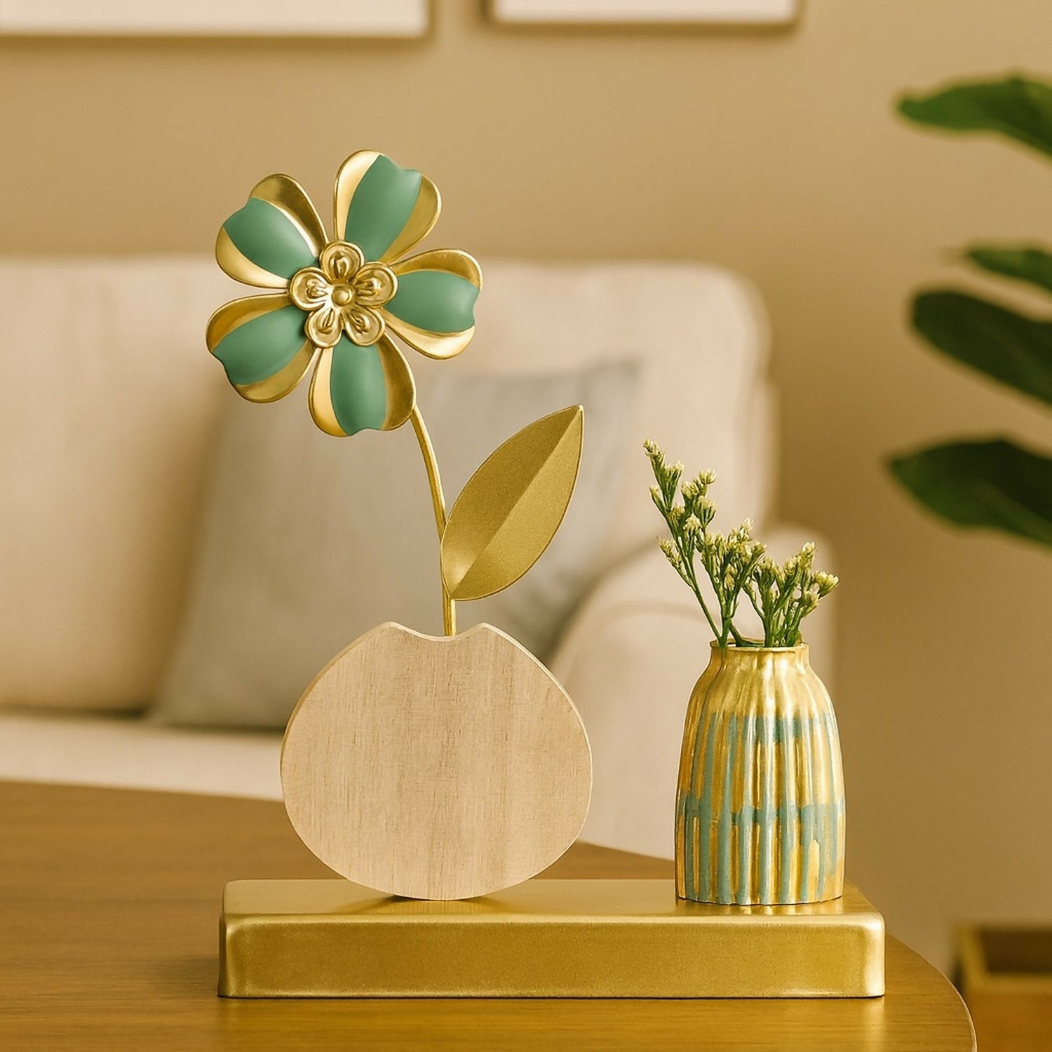 Luxury Golden Metal Flower Showpiece with Wooden Base & Mini Vase | Decorative Artificial Flower Table Accent for Home, Living Room, Office, Bedroom & Gifting