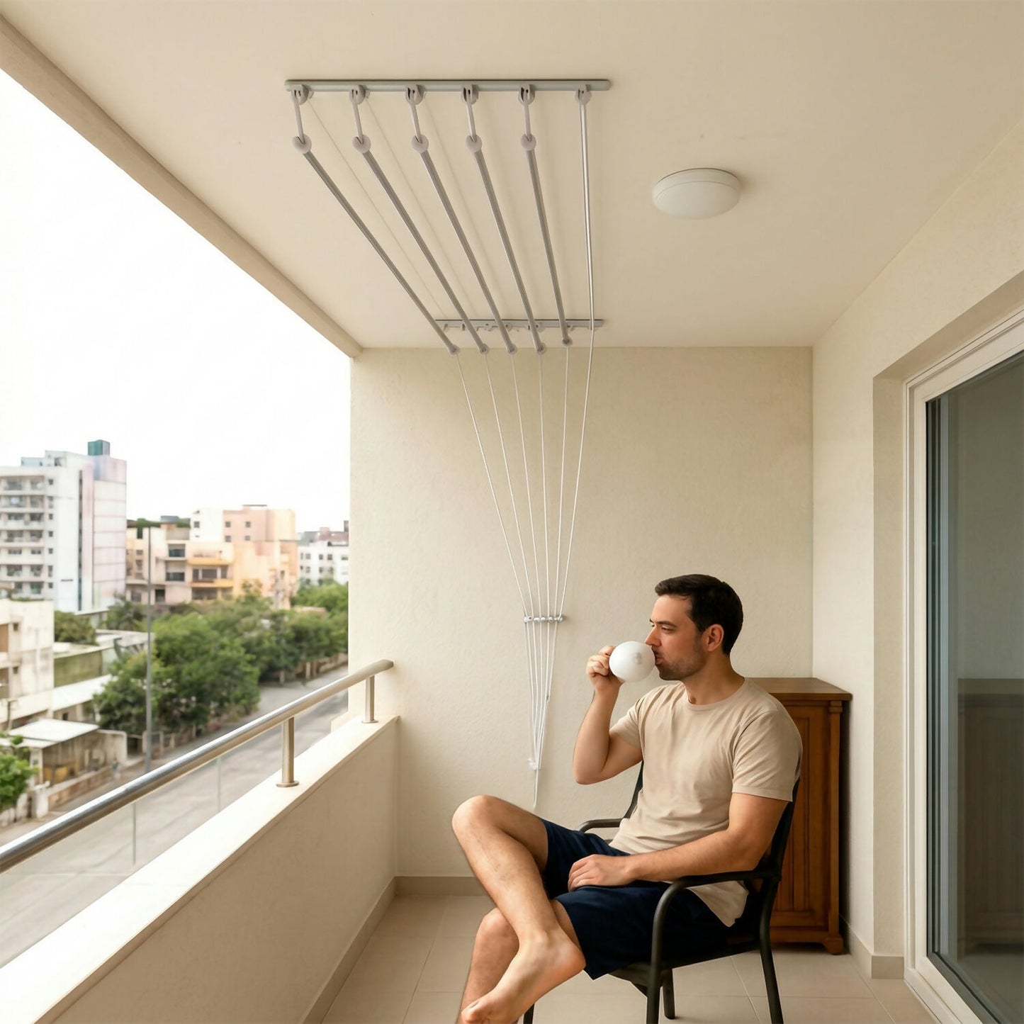 Space Saving Ceiling Mounted Cloth Drying Hanger with Pull Down Rope System for Balcony, Utility Area