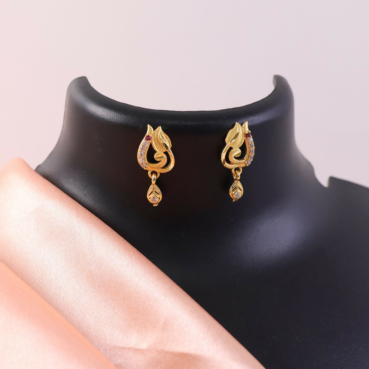 Traditional Curved Leaf Style Gold Stud Earrings With Crystal Detailing And Drop Charm