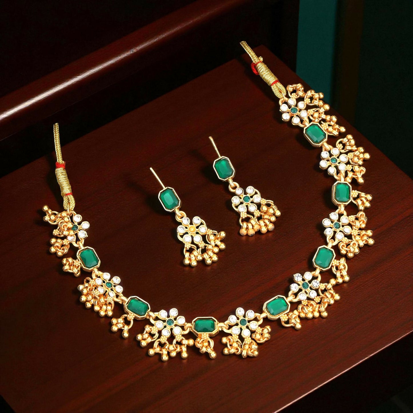 Traditional Gold-Plated Green Enamel Lotus Choker with Pearl Drops