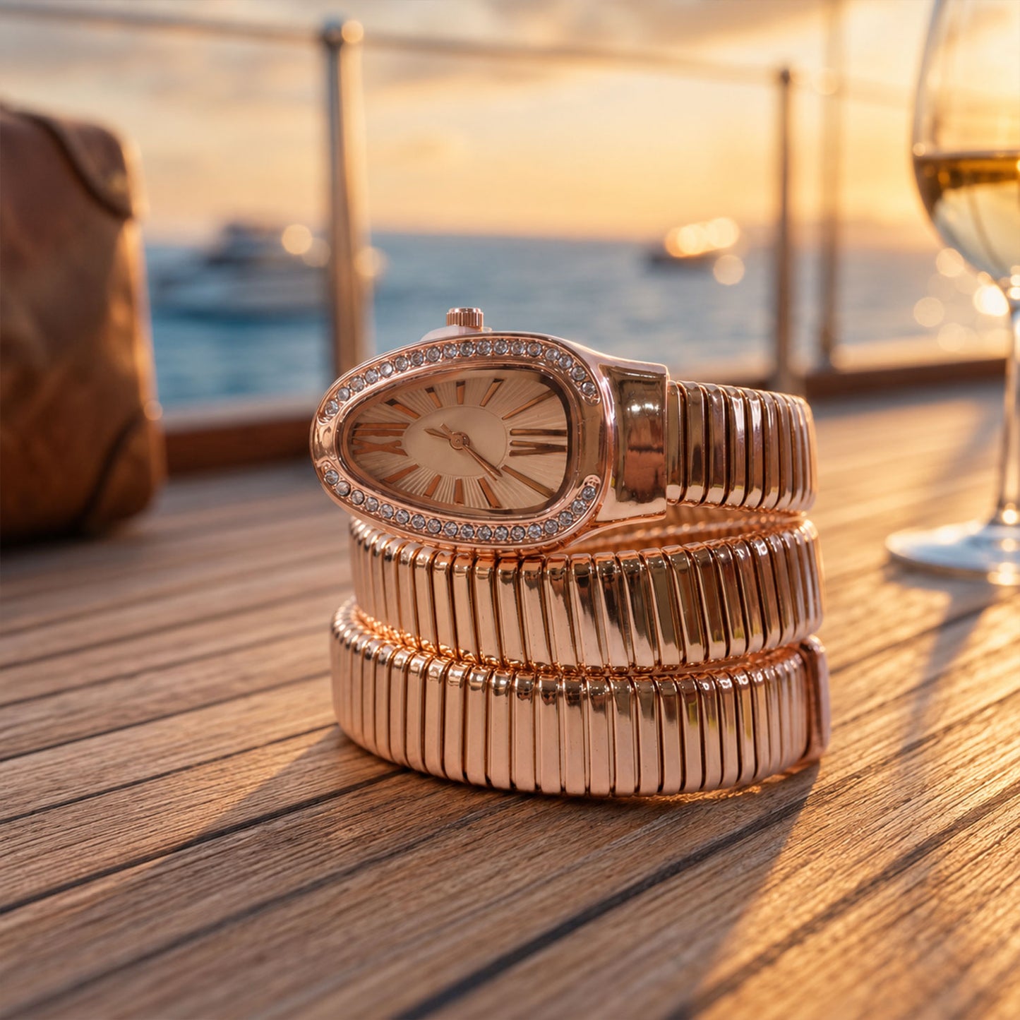 Rose Gold Oval Snake Style Bracelet Watch with Crystal Dial Border Design