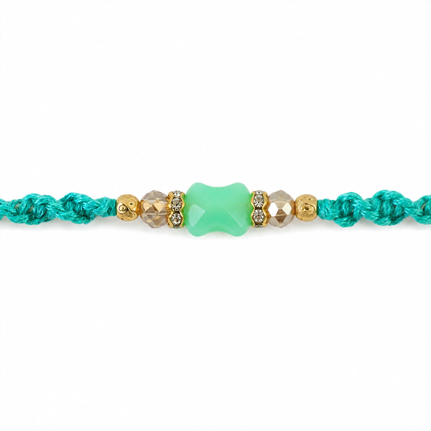 Turquoise Macrame Bracelet Rakhi with Mint Beads, Pearl Accents and Modern Thread
