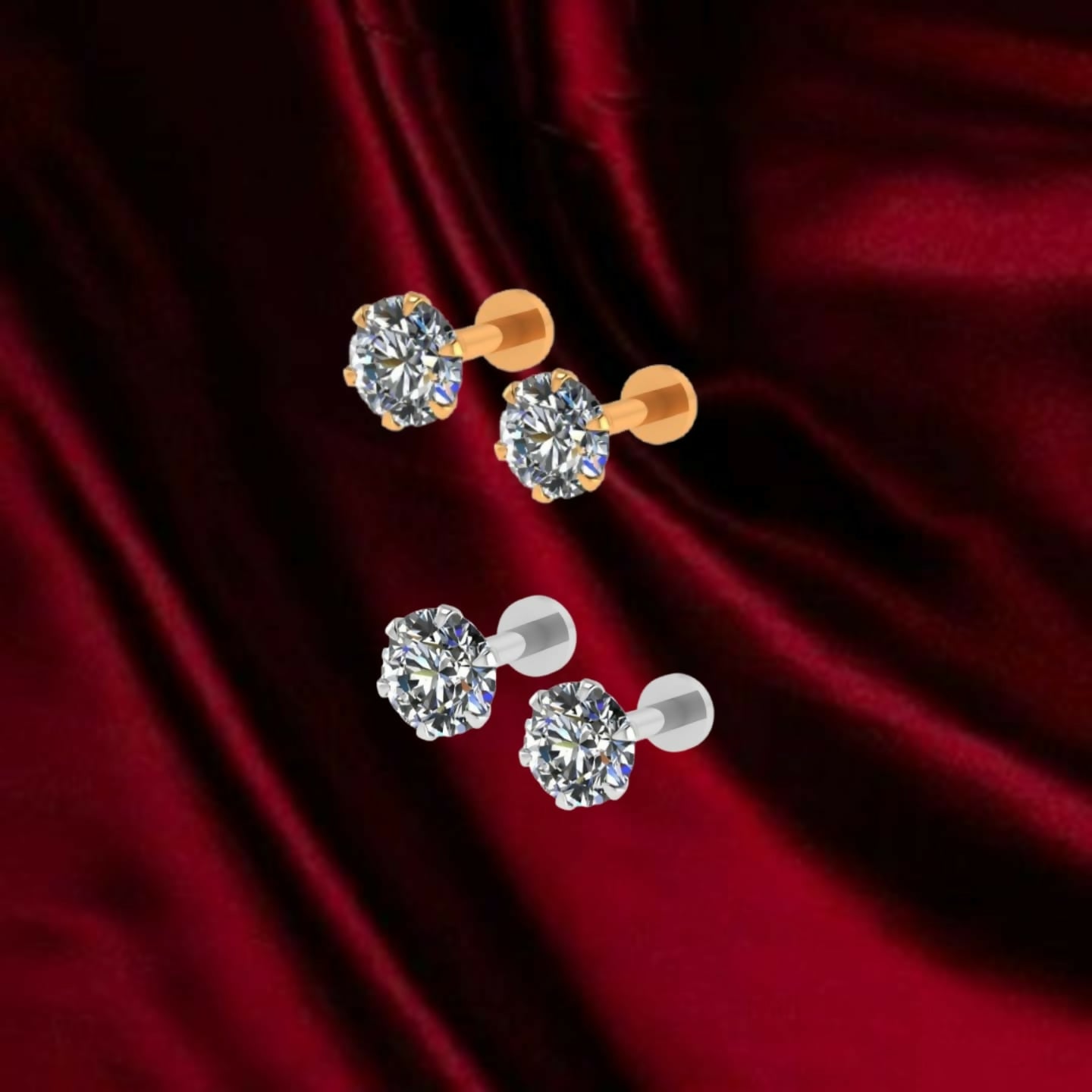 Silver Plated Round AD Solitaire Flat Back Stud Earrings Combo Pack of 2