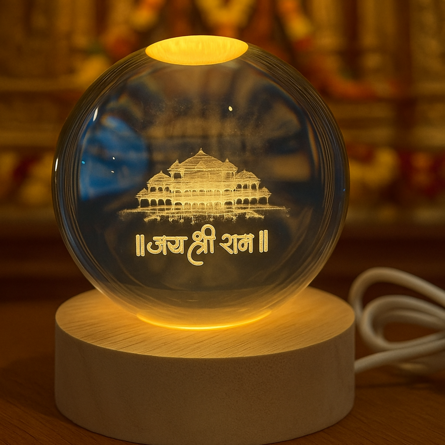 Ayodhya Ram Mandir 3D Crystal Ball LED Lamp with Wooden Base – Divine Spiritual Light for Home, Temple & Office Décor – Laser Engraved Lord Ram Temple Night Lamp with Warm LED Glow – Perfect Religious Gift Item