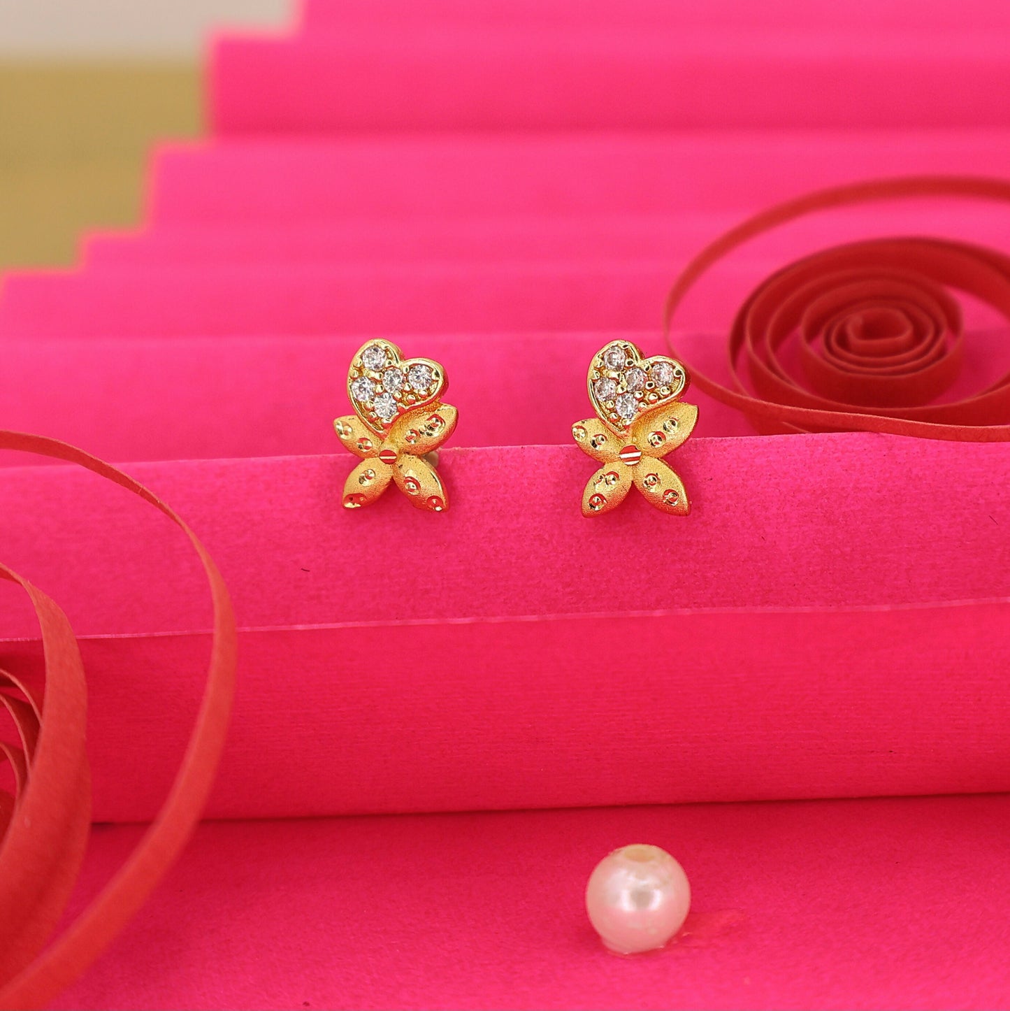 Diamond Studded Gold Butterfly Heart Earrings for women and girls