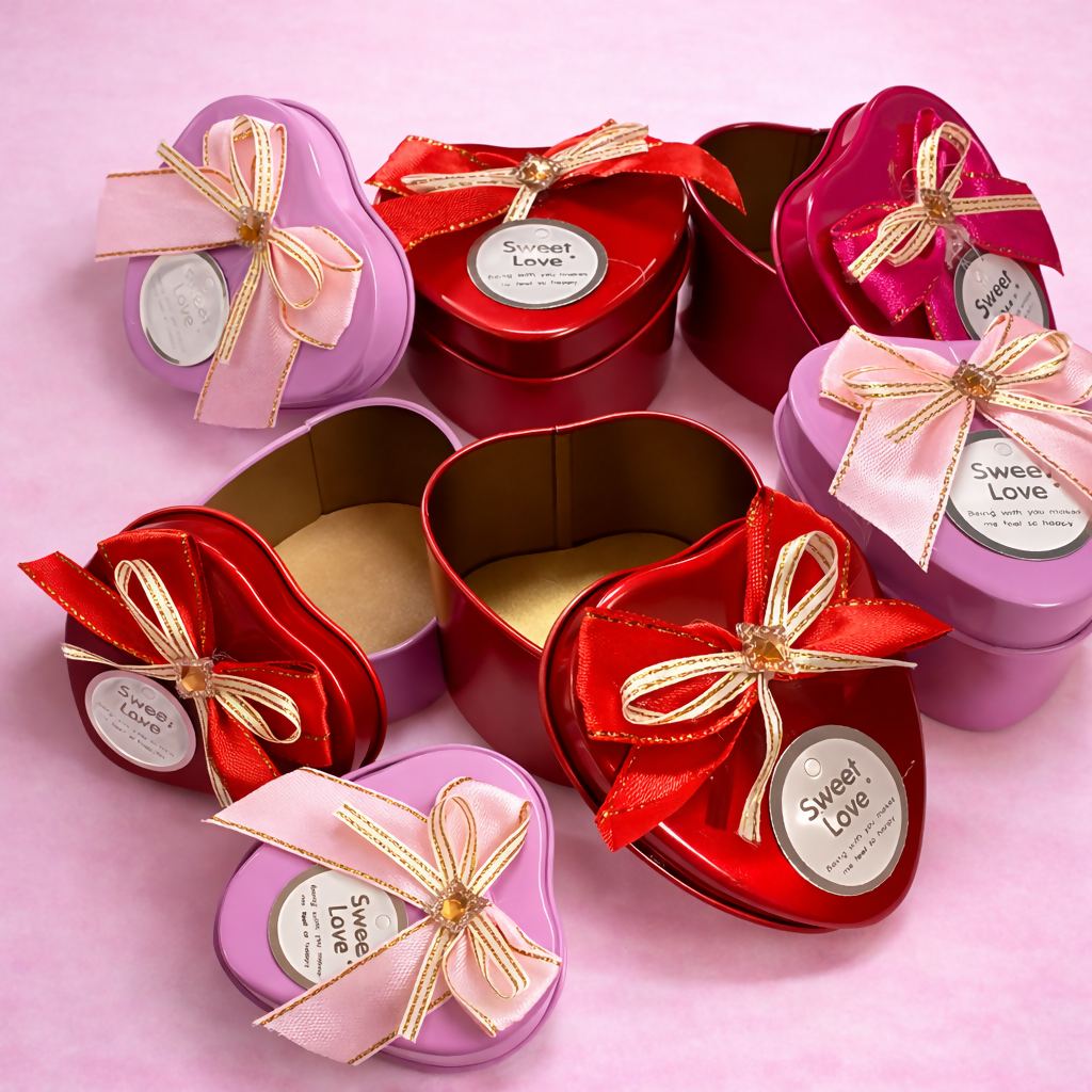 Heart Shape Metal Gift Box Pack of 6 with Ribbon | Reusable Decorative Tin