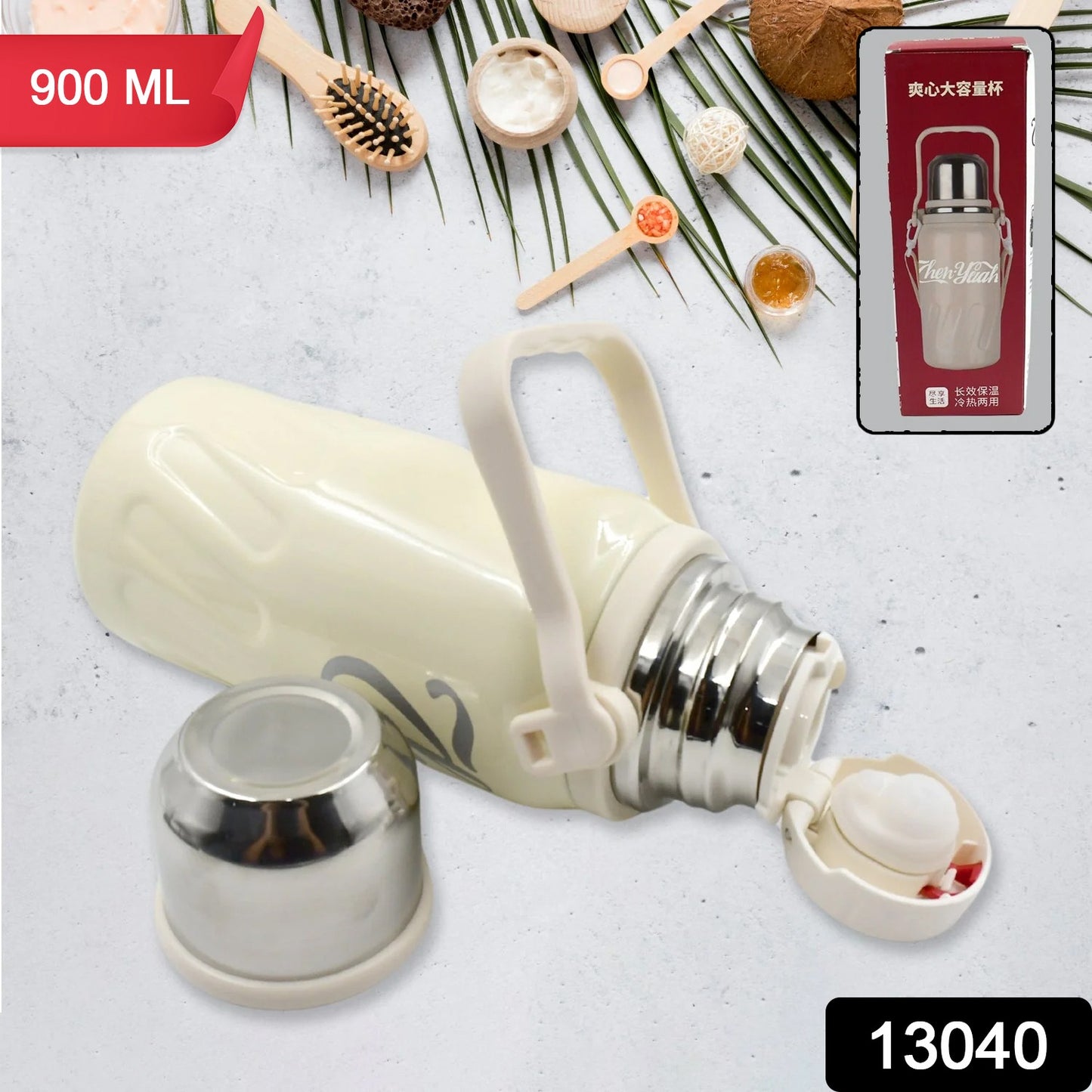 स्टेनलेस स्टील वैक्यूम इंसुलेटेड पानी की बोतल | चाय कॉफी के लिए लीक प्रूफ फ्लास्क | हैंगिंग स्ट्रैप के साथ पुन: प्रयोज्य पानी की बोतल | गर्म और ठंडे पेय के लिए बोतल चौड़े मुंह वाला पानी का फ्लास्क (900 एमएल)