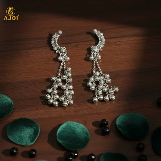 Kasmiri Silver Oxidised Chandbali Jhumka Earrings with Ghungroo Dangles for Women