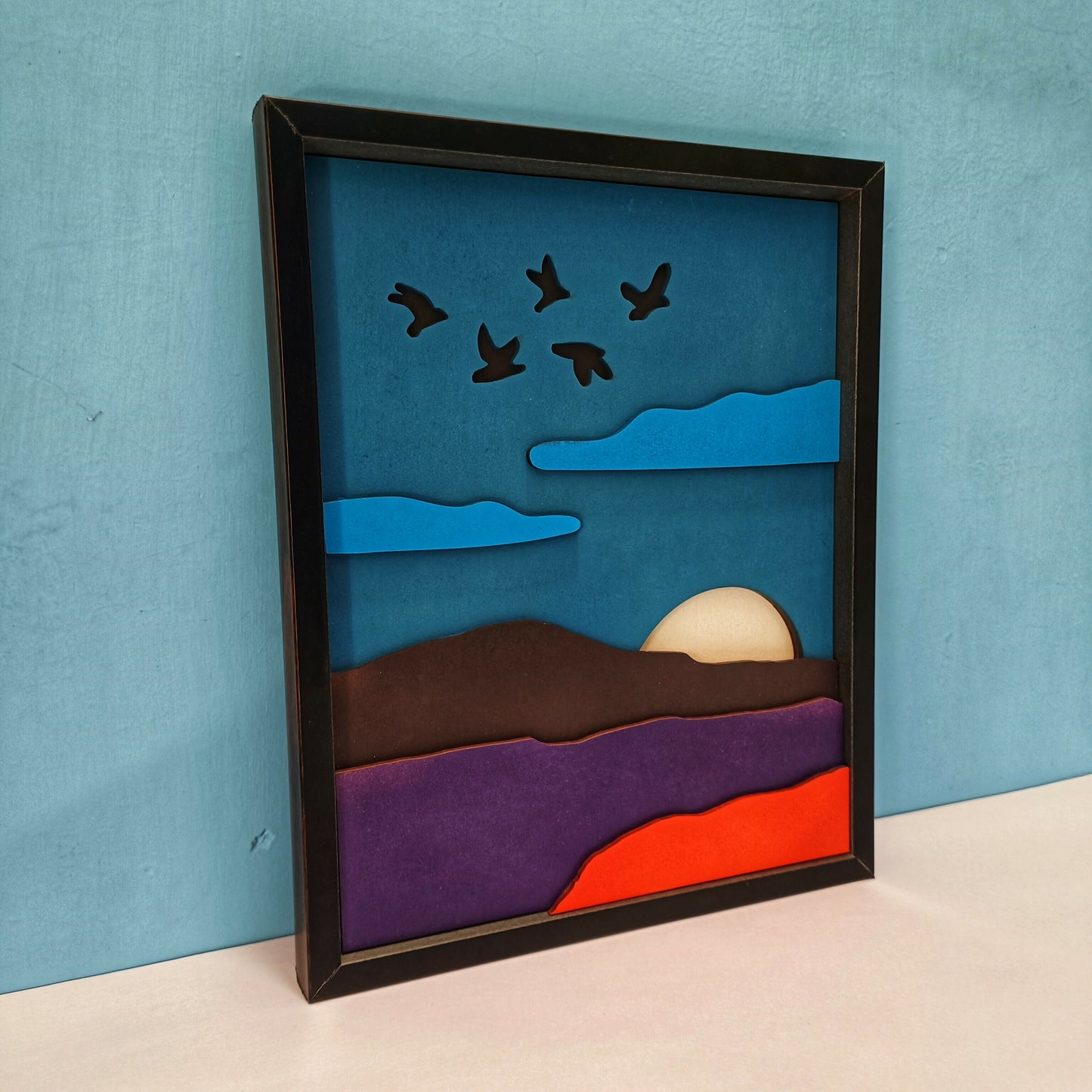 Handcrafted Wooden Mountain Wall Art – Nature Scene with Sun, Clouds & Birds | Minimal Landscape Wooden Frame | Eco-Friendly Wall Decor for Home & Office