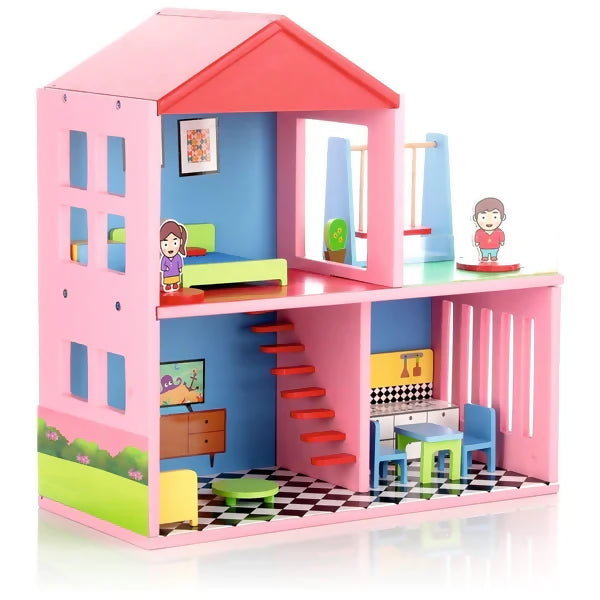 My Wooden Doll House Set for Girls with 4 Rooms (Multicolor)