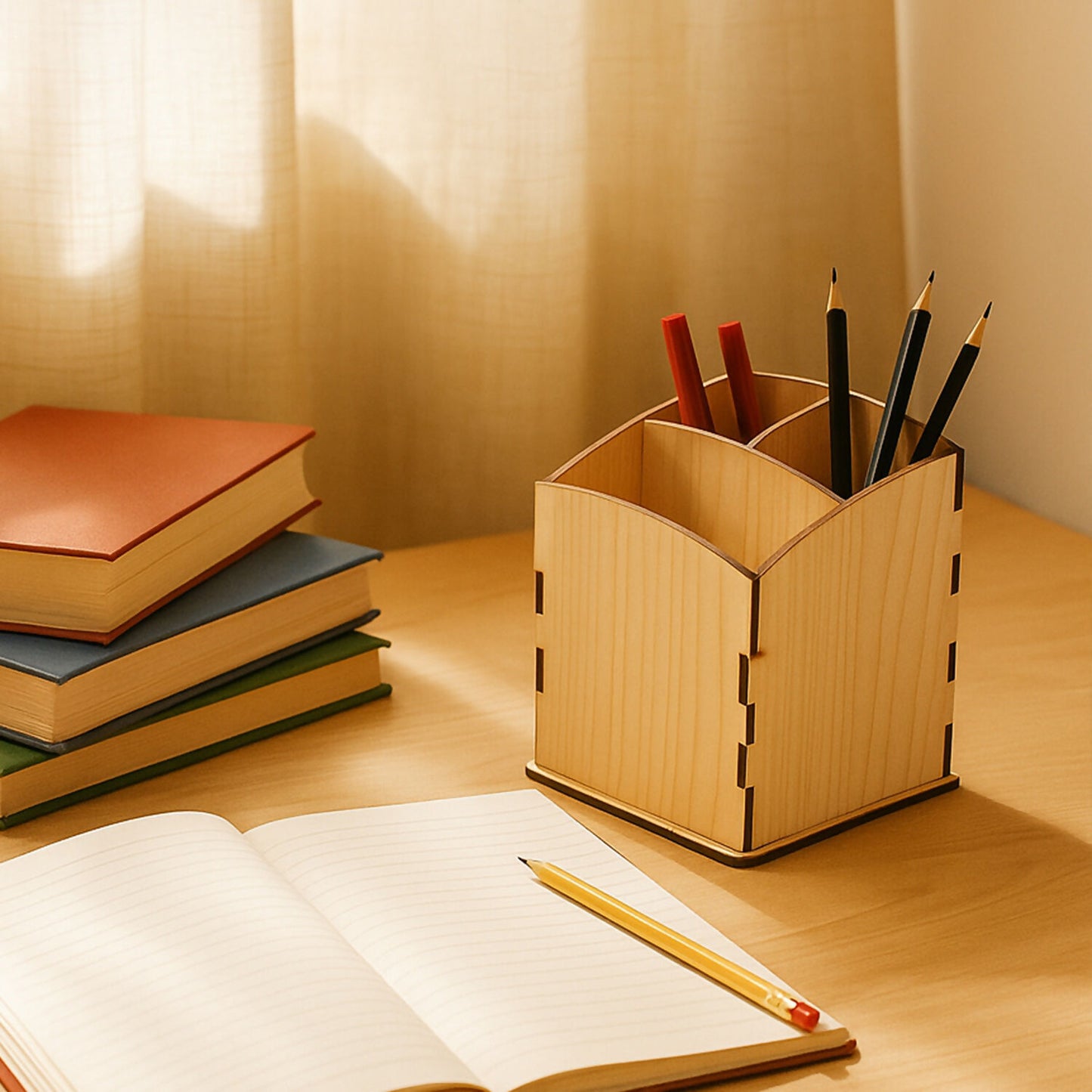 Khyati Wooden Pen Stand – Cube Shape Desk Organizer with Multi-Section Storage