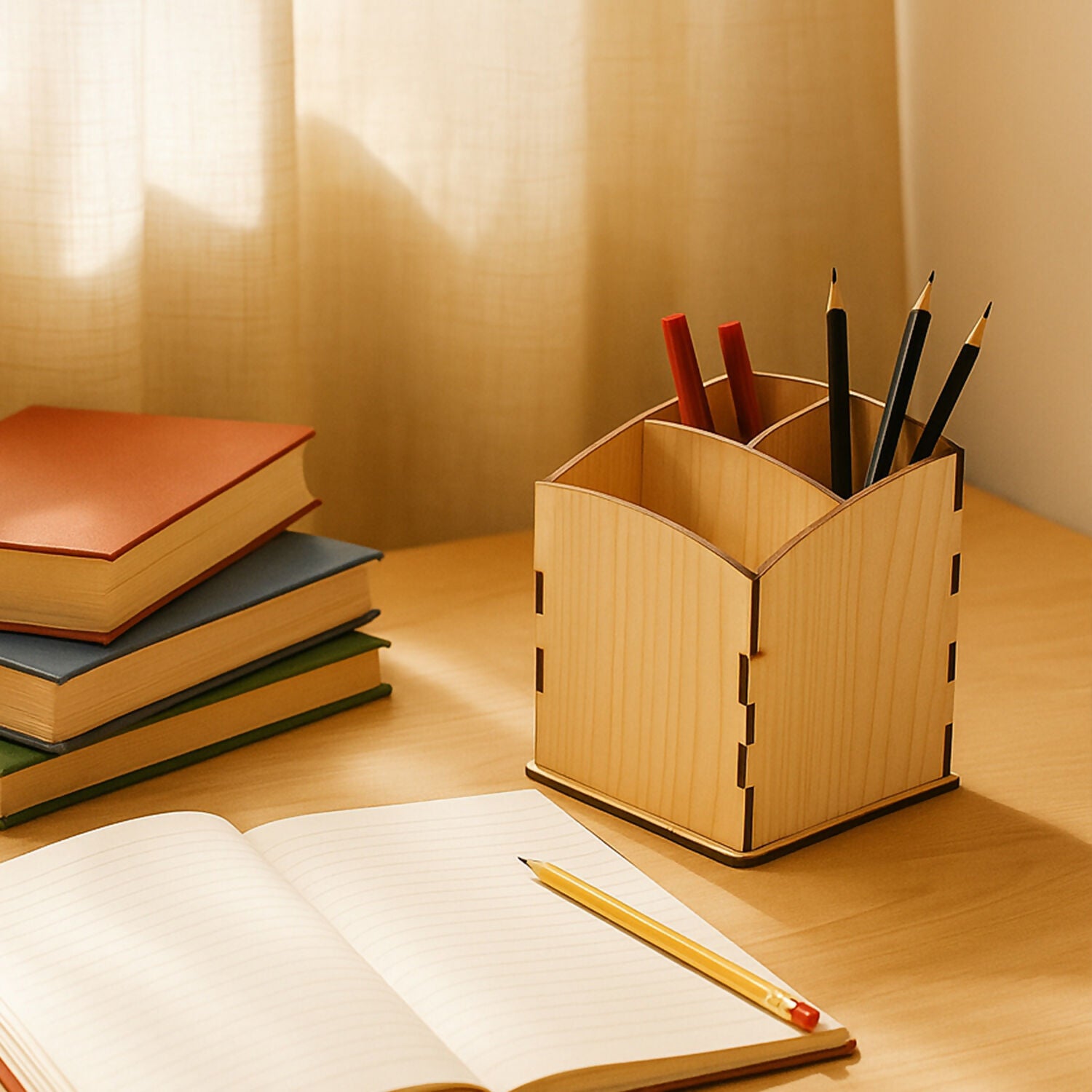 Khyati Wooden Pen Stand – Cube Shape Desk Organizer with Multi-Section Storage