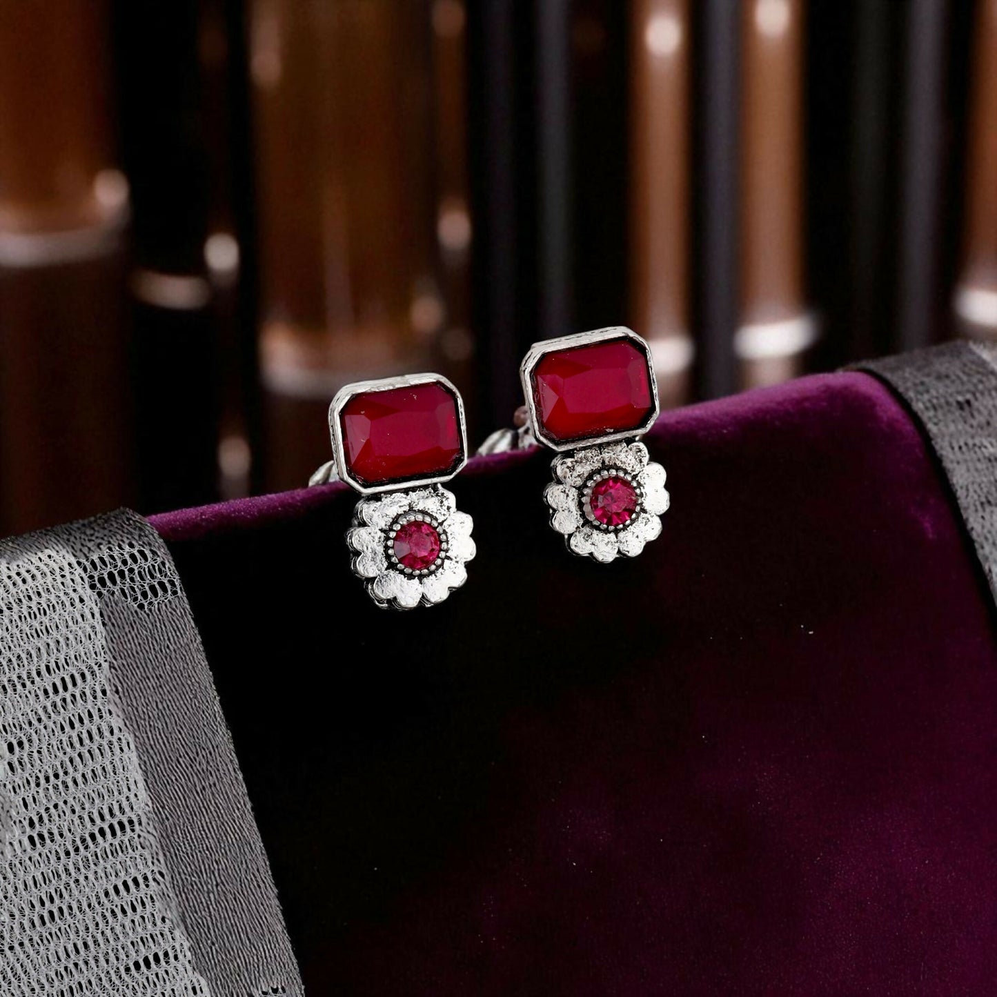 Vintage Silver-Toned Choker Set with Ruby Pink Stones