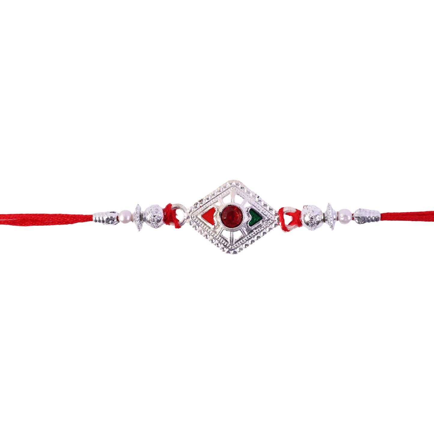 Square Silver Rakhi with Red Stone Center and Pearl Bead Chain