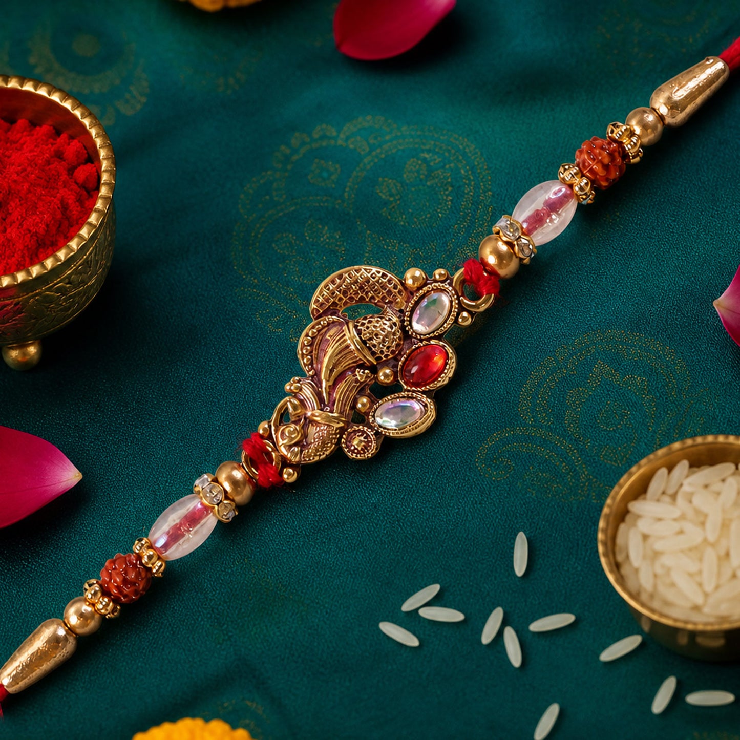 Elegant Rakhi with Ornate Floral Medallion and metal trims in chain look for Gift Use