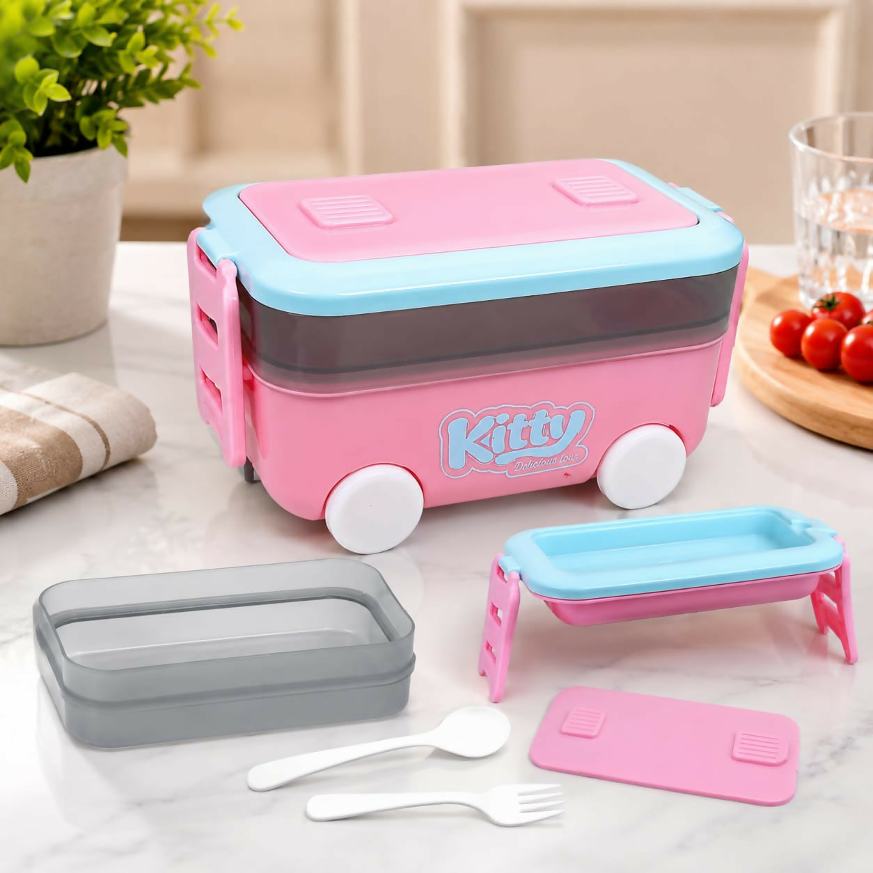 Close-up of lunch box side latches easy for kids to open