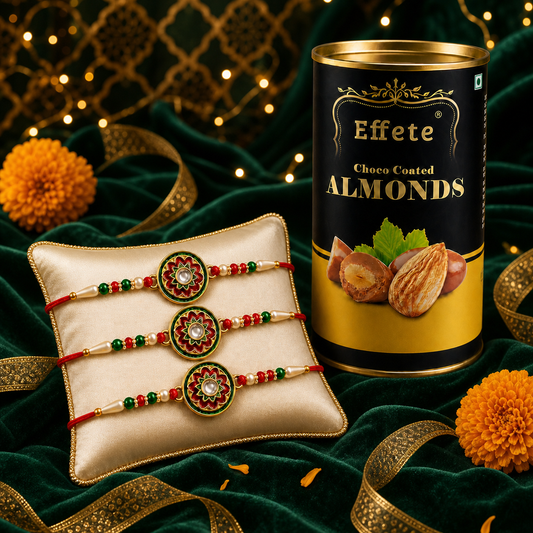 Floral Enamel Rakhi Set with Choco Almonds, Pack of 3
