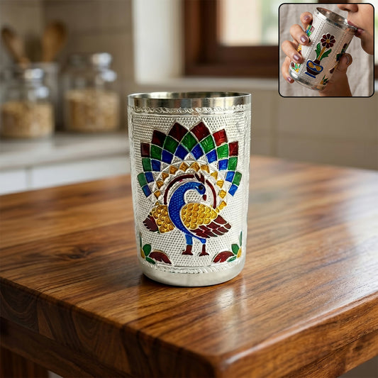 Silver Meenakari Peacock Stainless Steel Drinking Glass front view