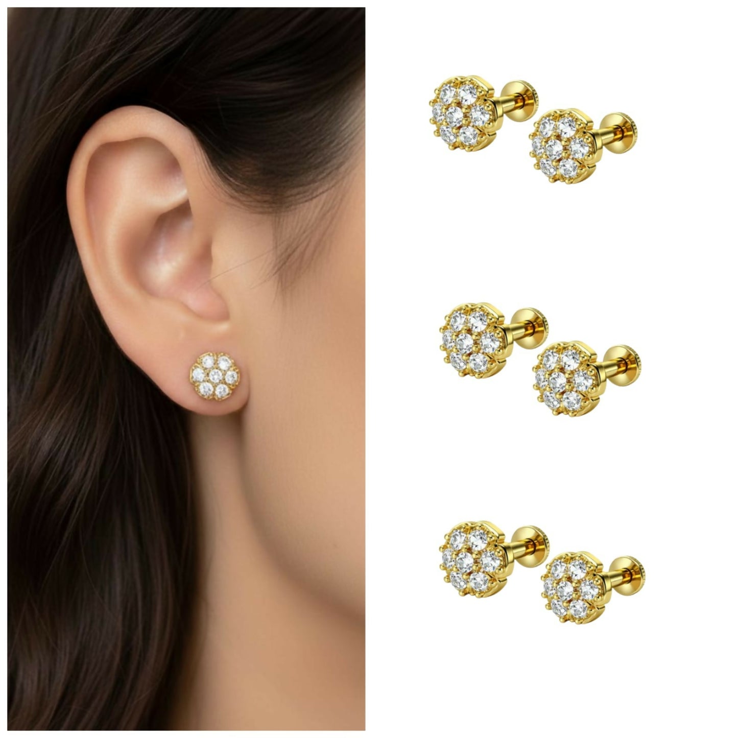 Close-up of radiant gold plated flower crystal flat back stud earrings with Cubic Zirconia