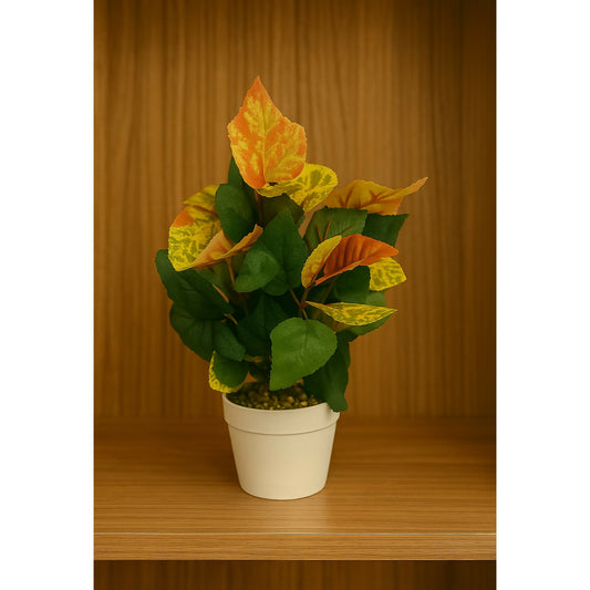 Artificial Decorative Plant with Dual-Tone Leaves in White Pot – Realistic Faux Indoor Tabletop Plant for Home, Office, Living Room, Bedroom, Study Table, and Gifting – Low Maintenance Greenery