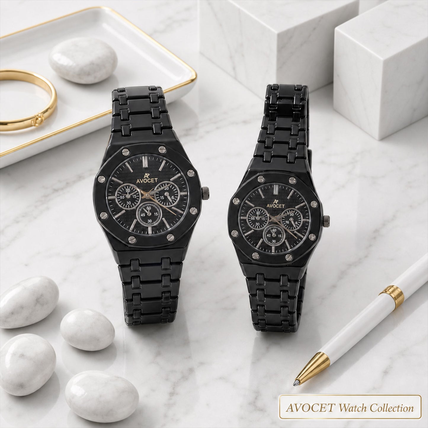 Black Dial Stainless Style Couple Watch Set with Matching Analog Design for Men Women