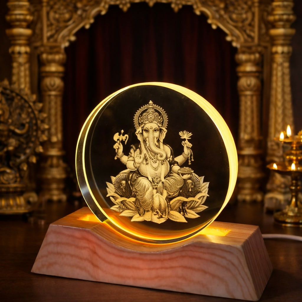 Ganesh Engraved Acrylic LED Night Lamp with Wooden Base for Home Decor