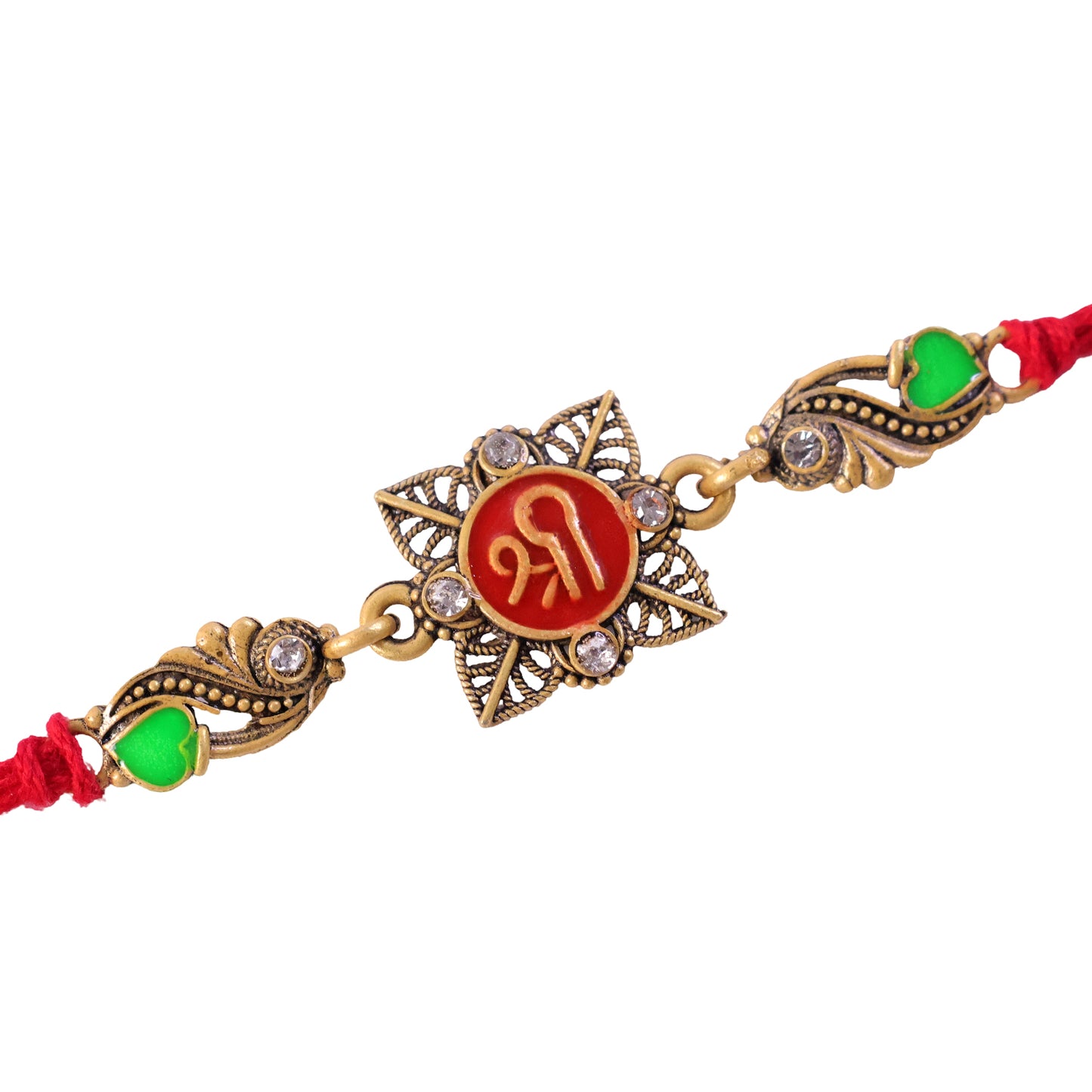 Antique Gold-Toned Shree Rakhi with Crystal Accents, Green Enamel & Designer Red Thread