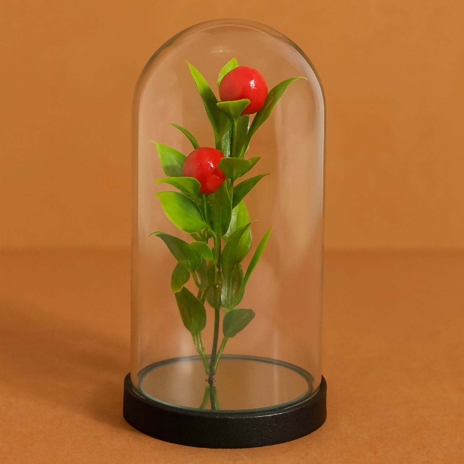 Decorative Glass Dome LED Fairy Light Plant Showpiece – Artificial Pomegranate Stem with Warm Lights – Battery Operated Tabletop Home Décor, Desk Night Lamp for Living Room, Bedroom, Café, and Gift