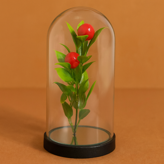 Decorative Glass Dome LED Fairy Light Plant Showpiece – Artificial Pomegranate Stem with Warm Lights – Battery Operated Tabletop Home Décor, Desk Night Lamp for Living Room, Bedroom, Café, and Gift