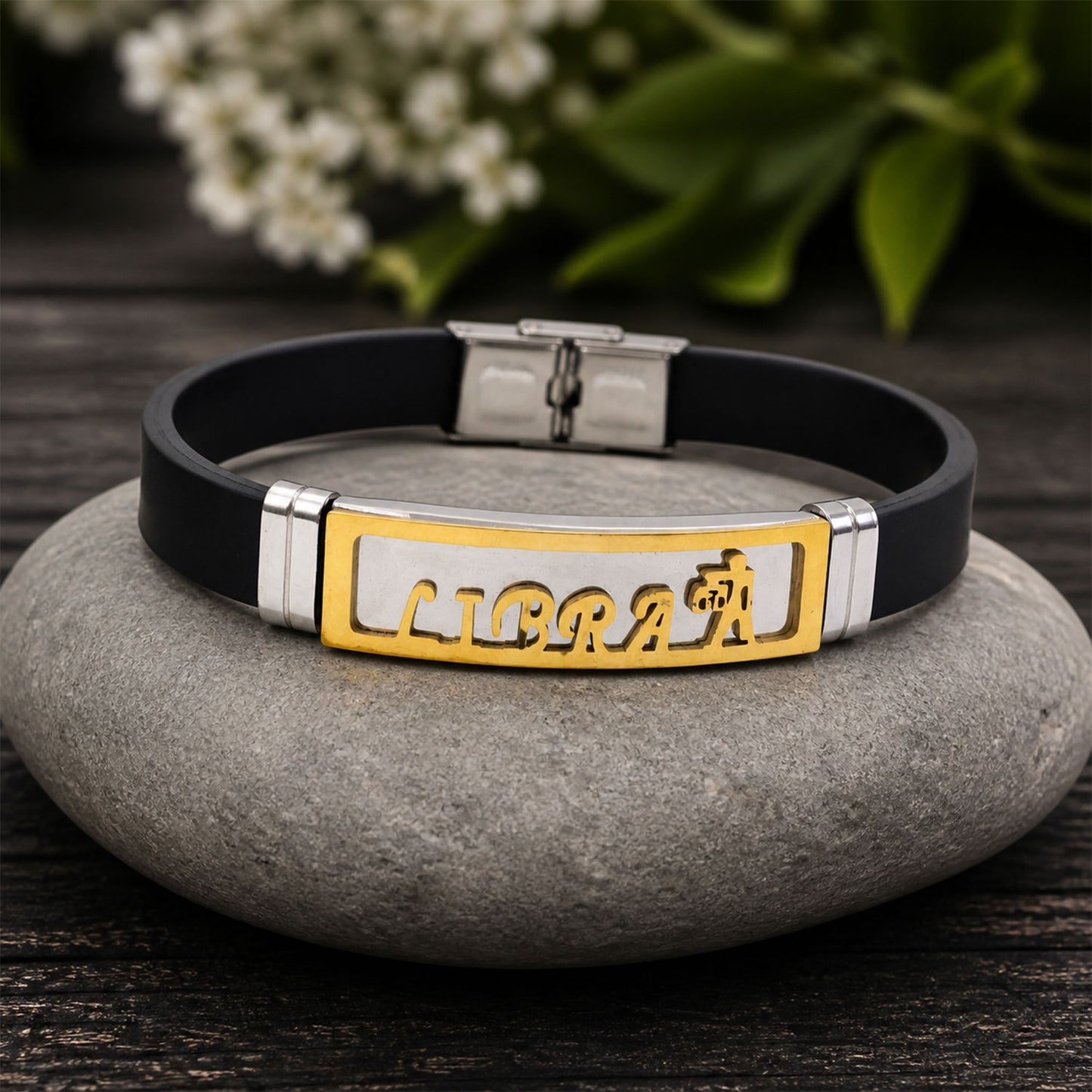 Libra Bracelet Rakhi with Black Band and Gold Zodiac Plate for Raksha Bandhan Gift