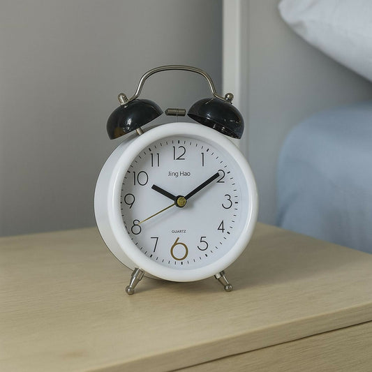 White Retro Twin Bell Alarm Clock with Black Bells, Classic Analog Quartz Table Clock, Loud Ringing Non-Ticking Silent Sweep Movement, Battery Operated Bedside Clock for Bedroom, Office & Home Décor