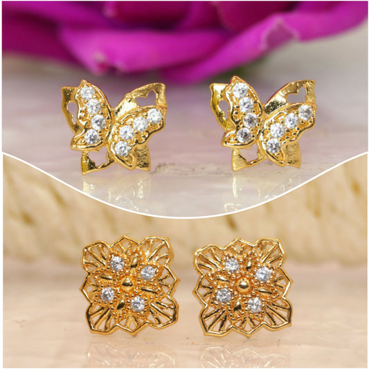 2 Pair Gold-Plated AD Stud Earrings: Butterfly & Floral Design for women and girls