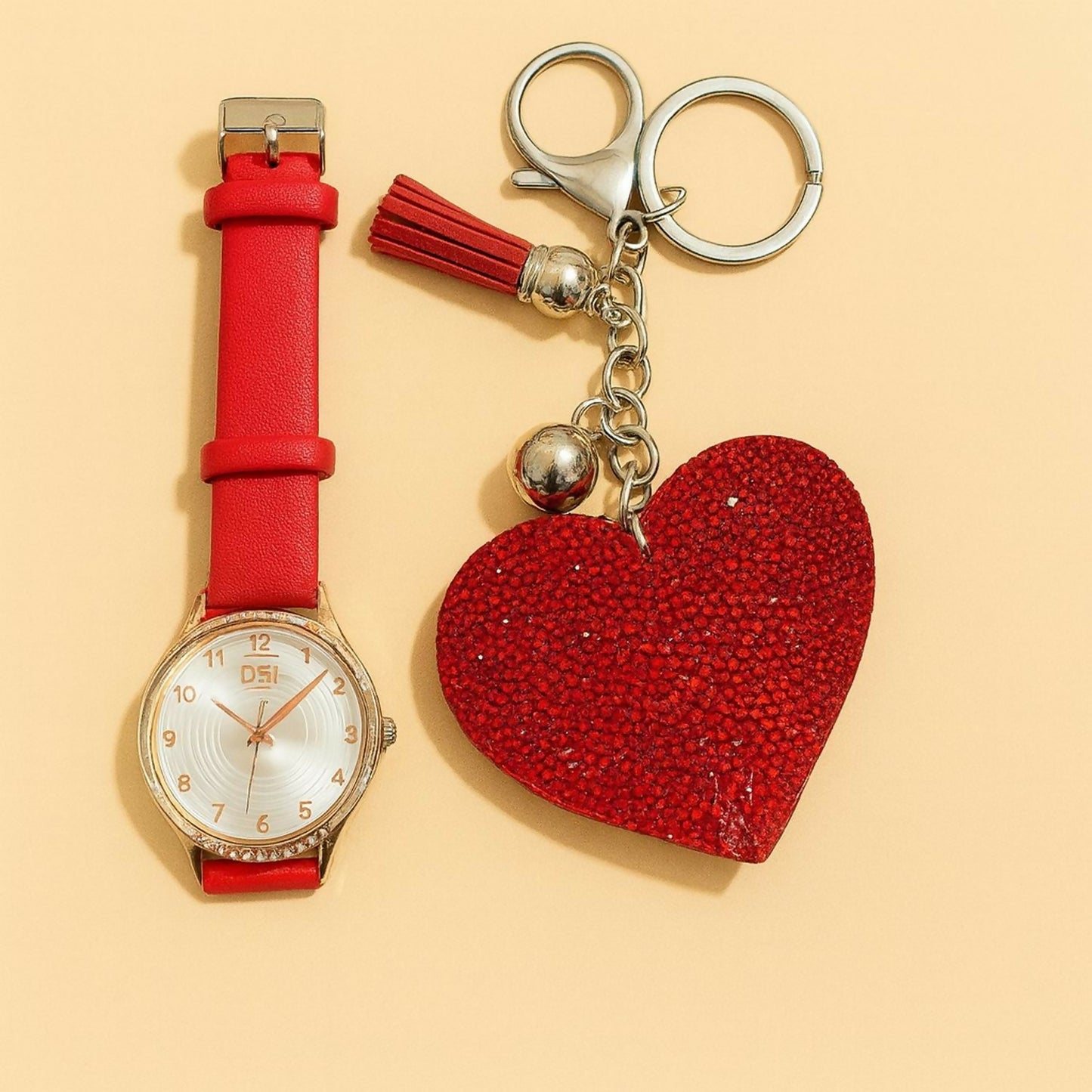 Stylish Leather Strap Analog Watch with Sparkling Heart Keychain – Elegant Gift Set for Women & Girls, Fashion Wrist Watch Combo with Charm Accessory in Gift Box