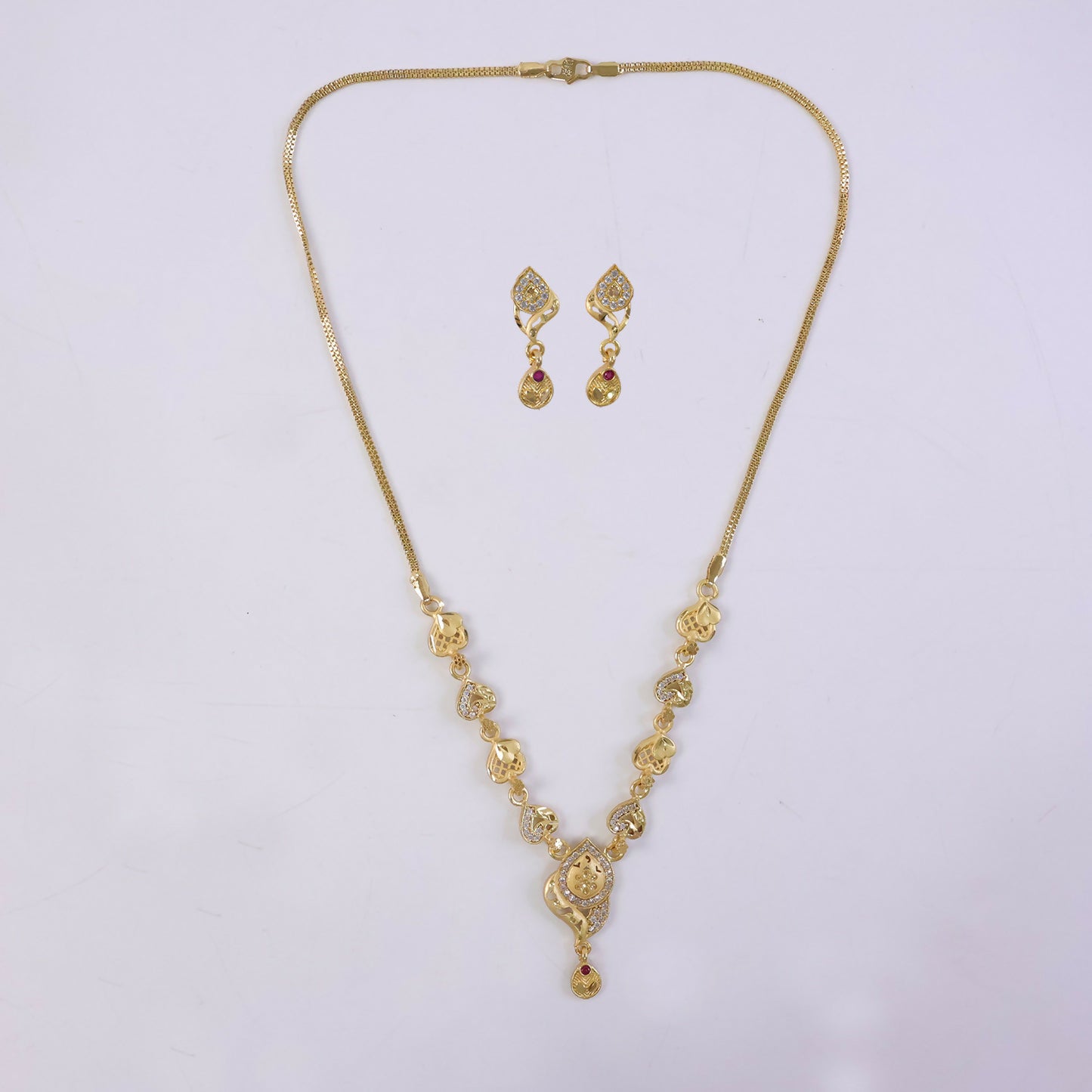 Elegant Gold-Tone Heart Motif Necklace Set with Designer Pendant & Matching Drop Earrings