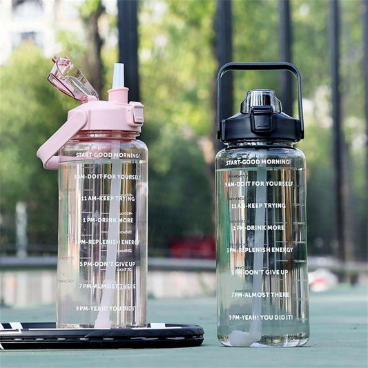 Close-up of BPA-free motivational water bottle with measurement scales