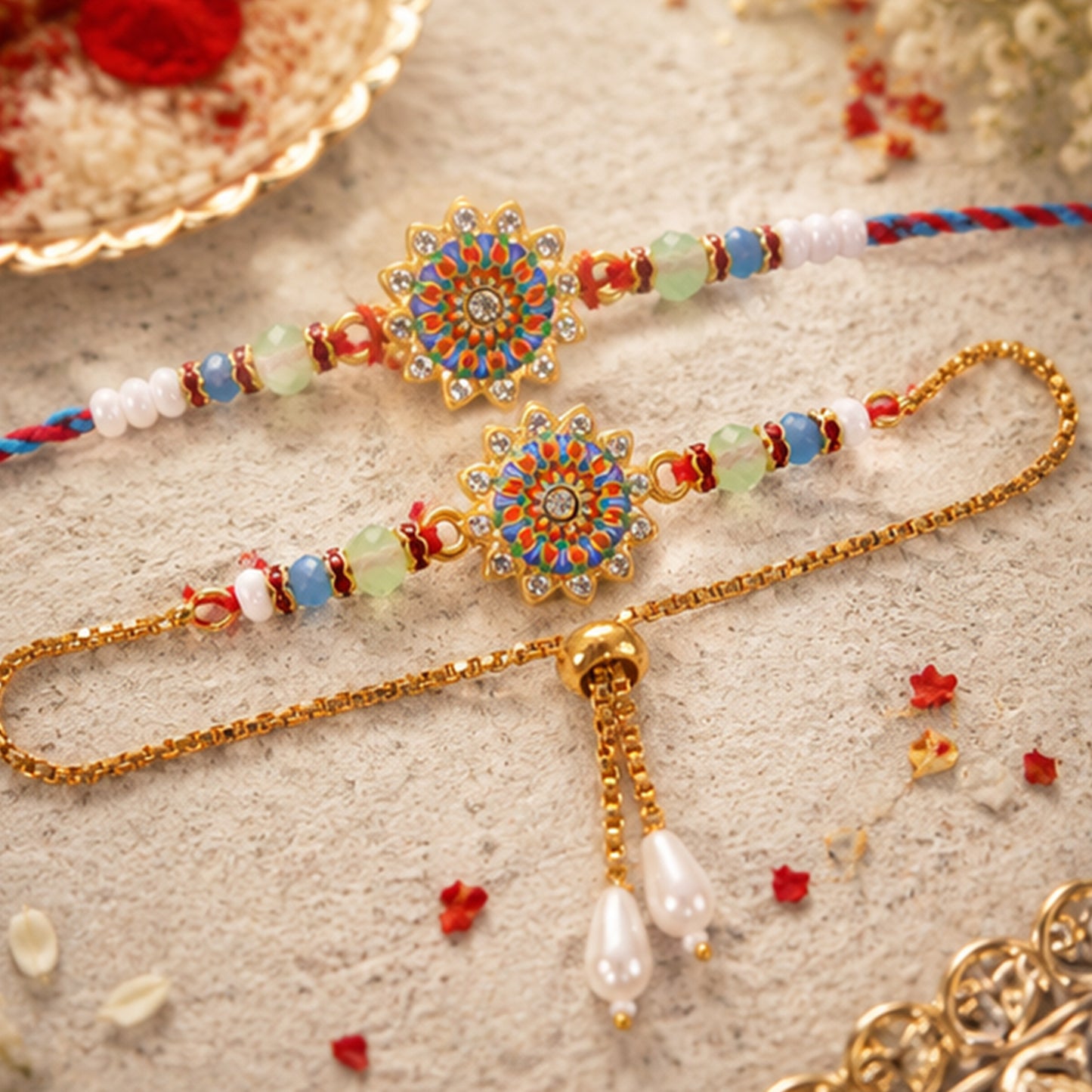 Round Floral Kundan Bhai Bhabhi Lumba Rakhi with Pearl Drop Charm