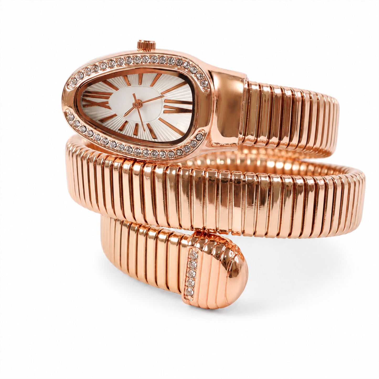 Rose Gold Snake Chain Bracelet Watch with Oval Dial Crystal Border for Women