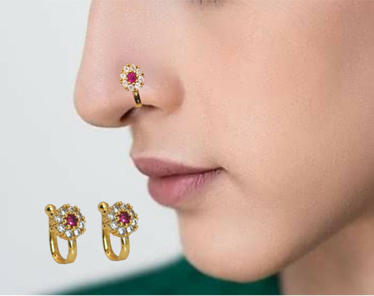 Gold Plated Red & White Stone Round Floral Clip-On Nose Ring Combo Pack of 2