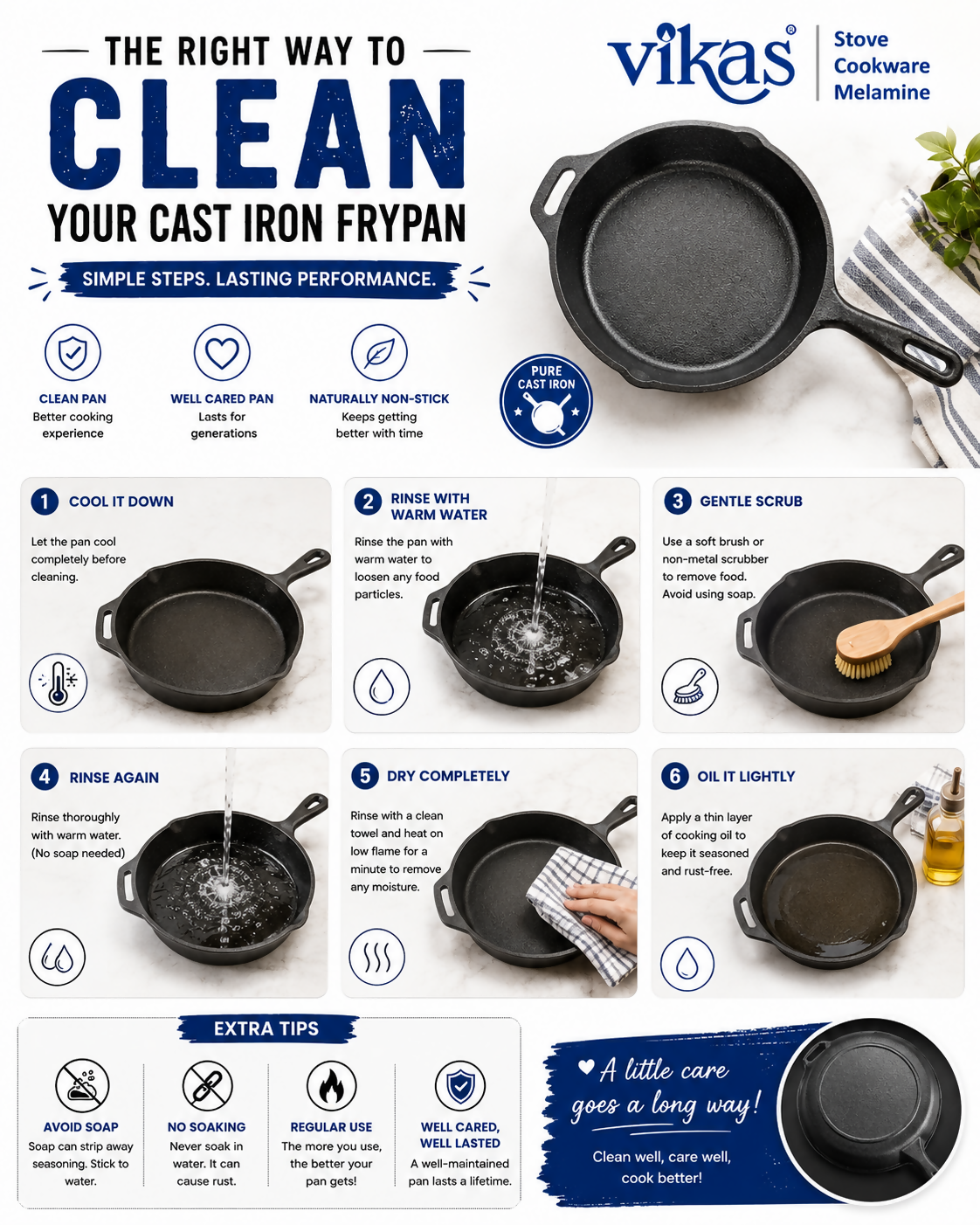 Various sizes of Vikas cast iron frypans displayed