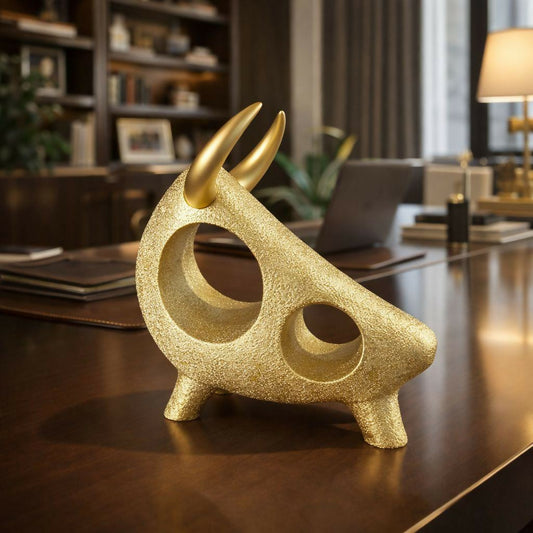 Modern bull sculpture in textured resin with abstract hollow design