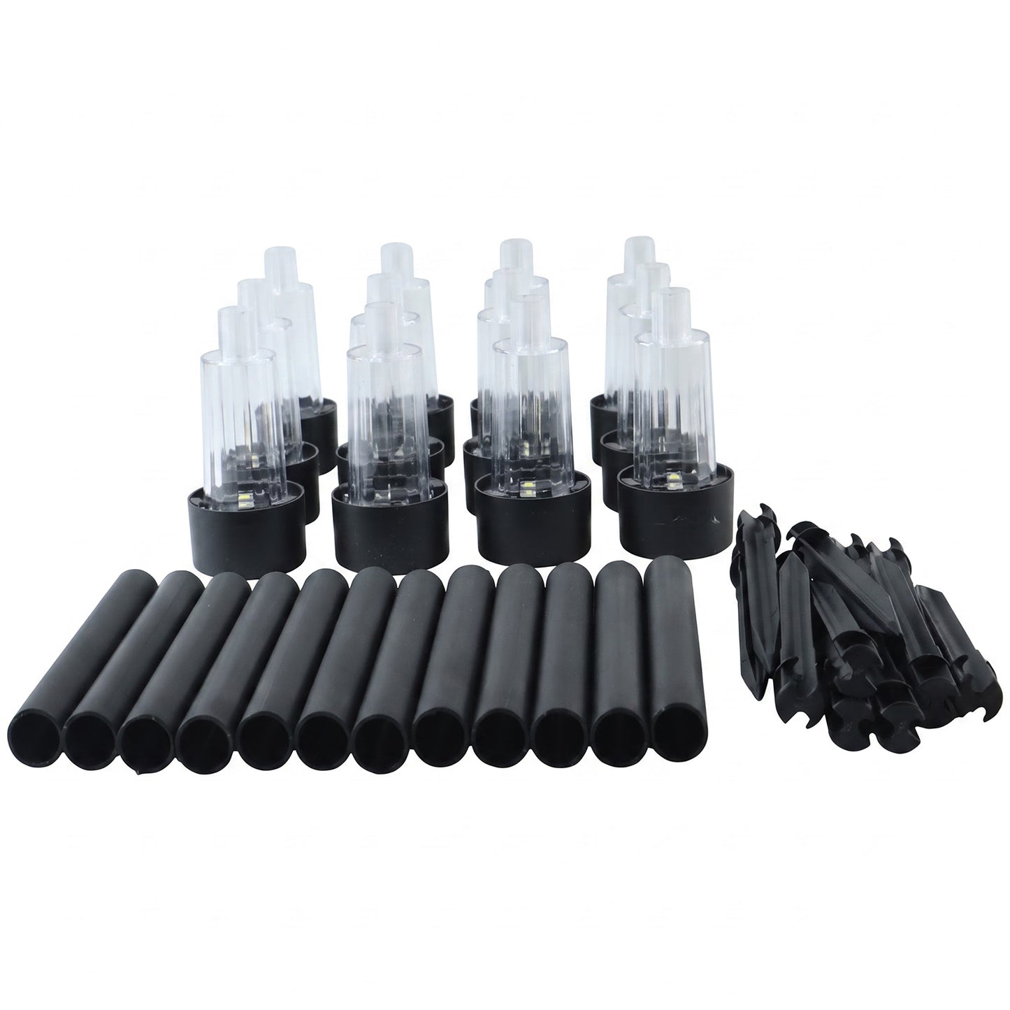 Twelve solar pathway lights with stakes on white background