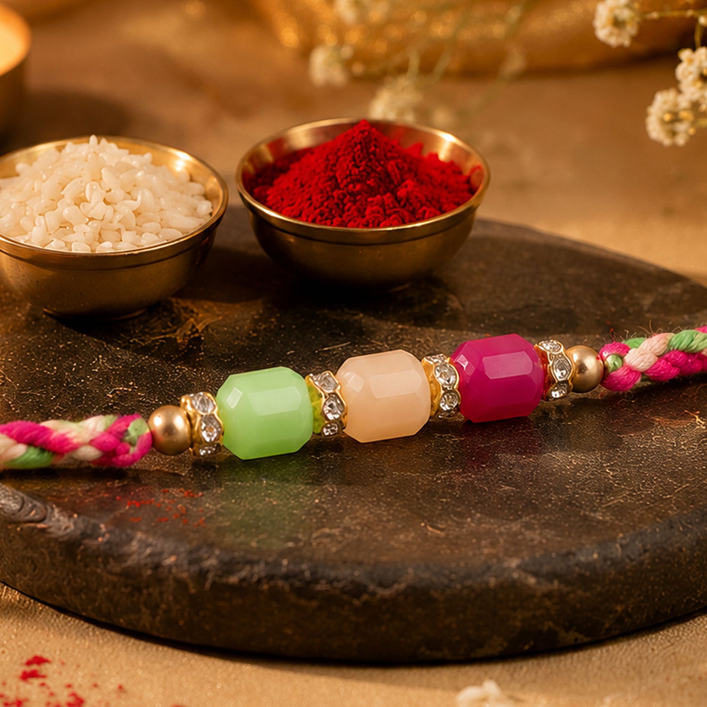 Bright Macrame Bracelet Rakhi with Green Peach Pink Beads and Colorful Thread