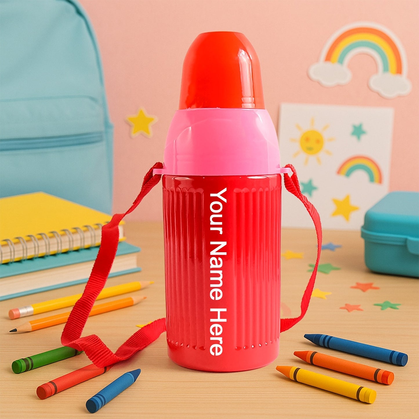 Kids insulated plastic water bottle with strap front view