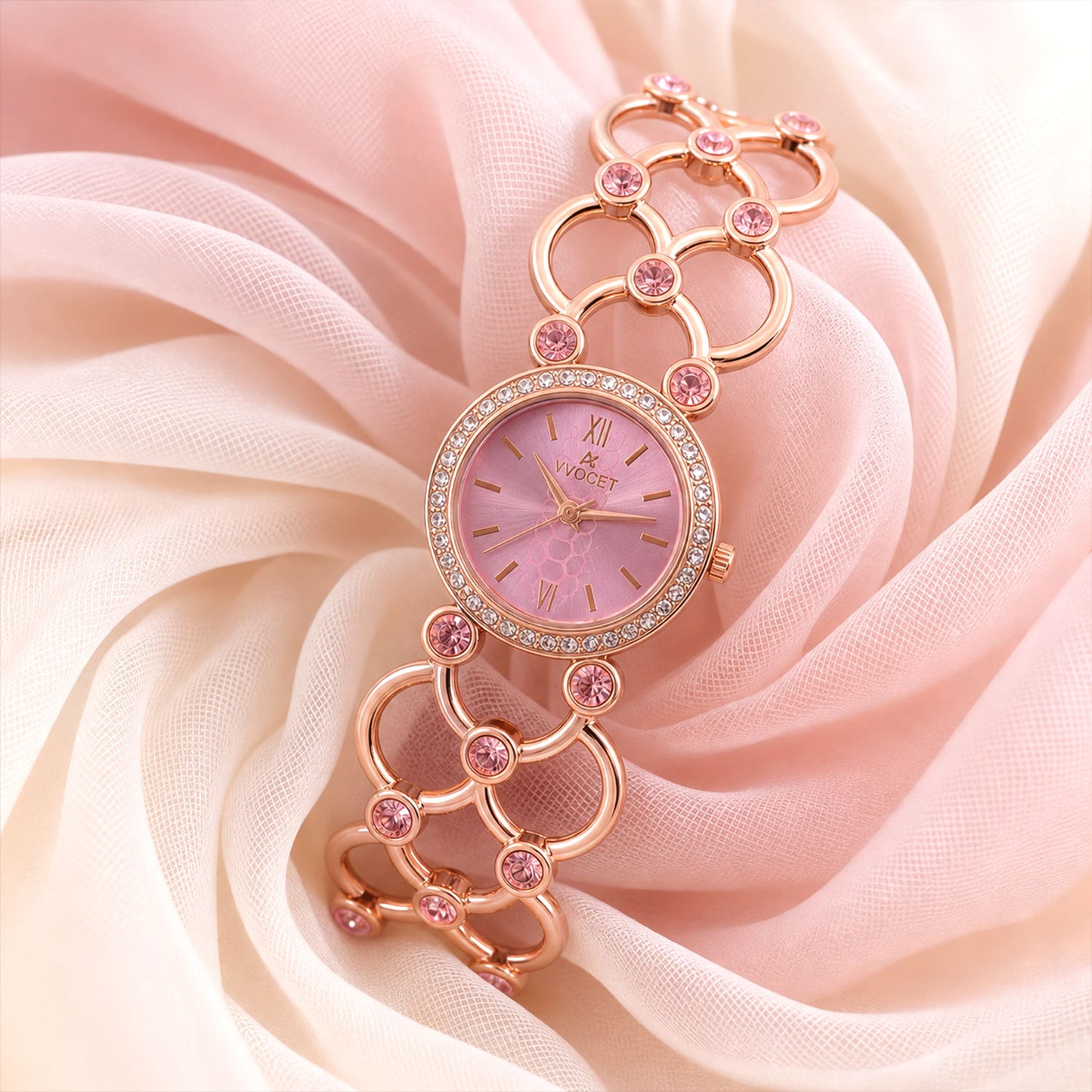 Rose Gold Round Shape Dial Watch with Crystal Bracelet Style Strap for Women