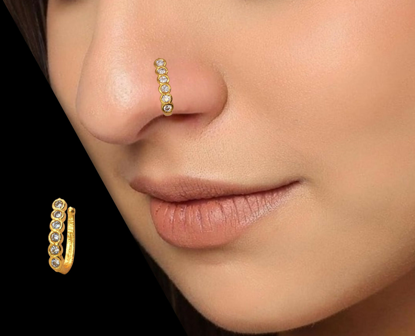 CZ Flower & Line Gold Plated Non-Piercing Nose Ring Set Combo Pack of 3