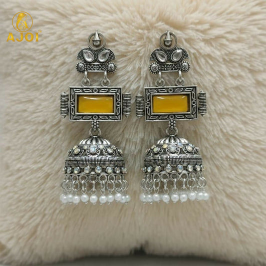 Traditional Oxidized Silver Jhumka Earrings with Yellow Stone & Pearl Hanging.
