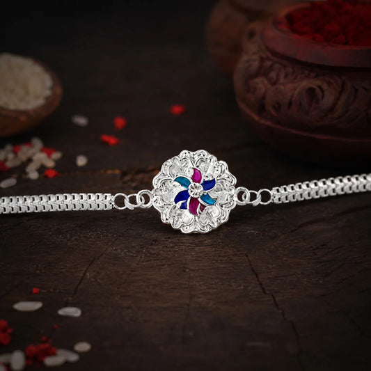 Silver Floral Rakhi – Premium Enamel Dual Chain | Periapt Rakhi