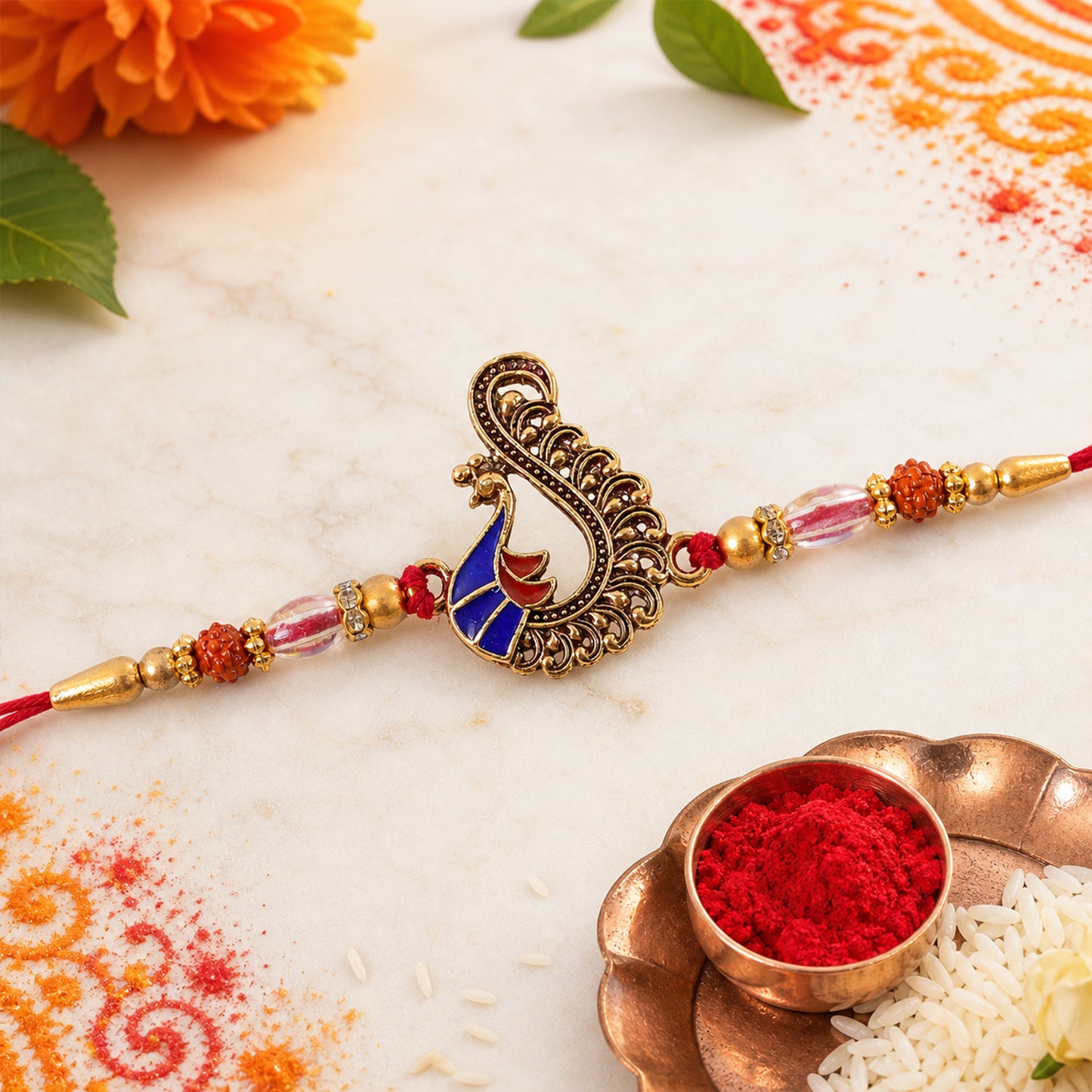 Designer Rakhi with Peacock Paisley Charm, blue stones and thread look for Gift Use